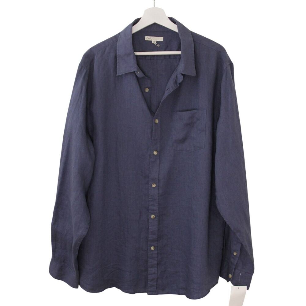 ONIA Men's Blue 100% Linen Button Front Long Sleeve Chest Pocket NWT